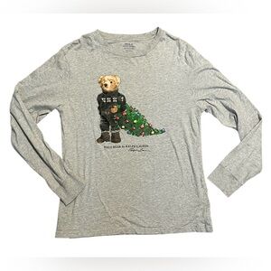 Polo Bear By Ralph Lauren Christmas Tree Long Sleeve Shirt Gray Boys Size 18/20